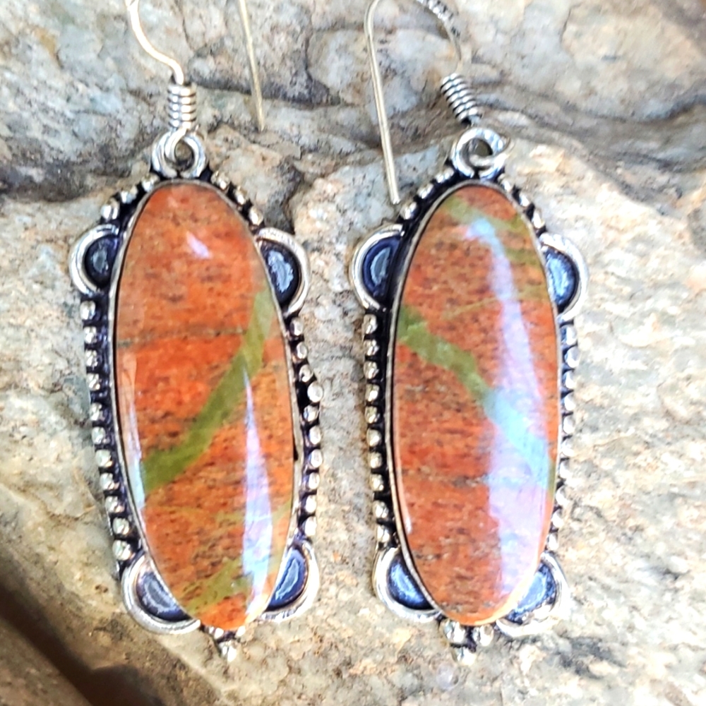 New Huge Unakite 925 Silver Earrings.